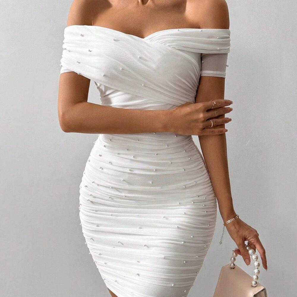 White Elegant Women's Off Shoulder Short Sleeve Graduation Dress - Picture 5 of 6